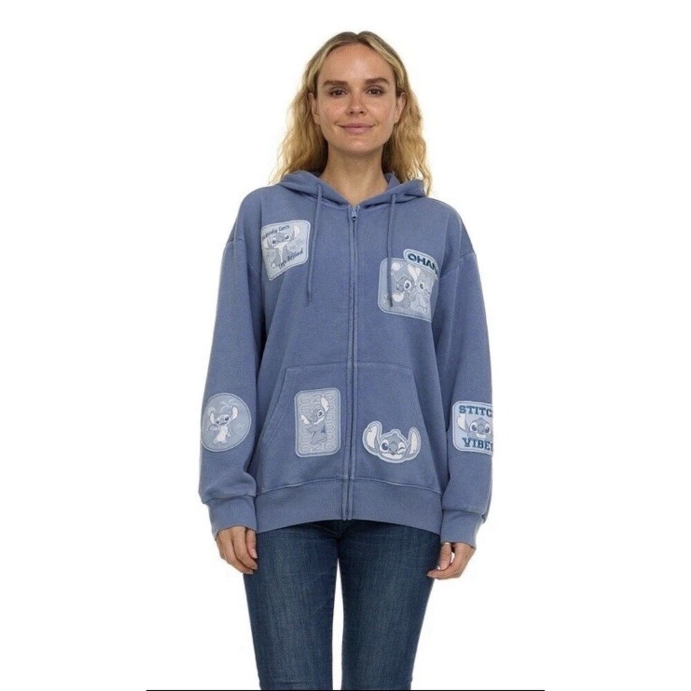 Disney Stitch Zip Up Hoodie Women’s Size L Blue Ohana Fleece Jacket Licensed